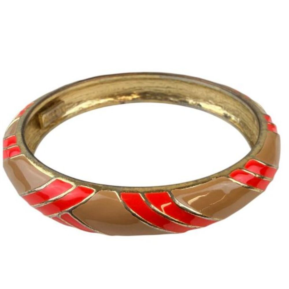 J.Crew Chevron Enamel Bangle Bracelet Geometric Coral Red Tan Hinged Cuff